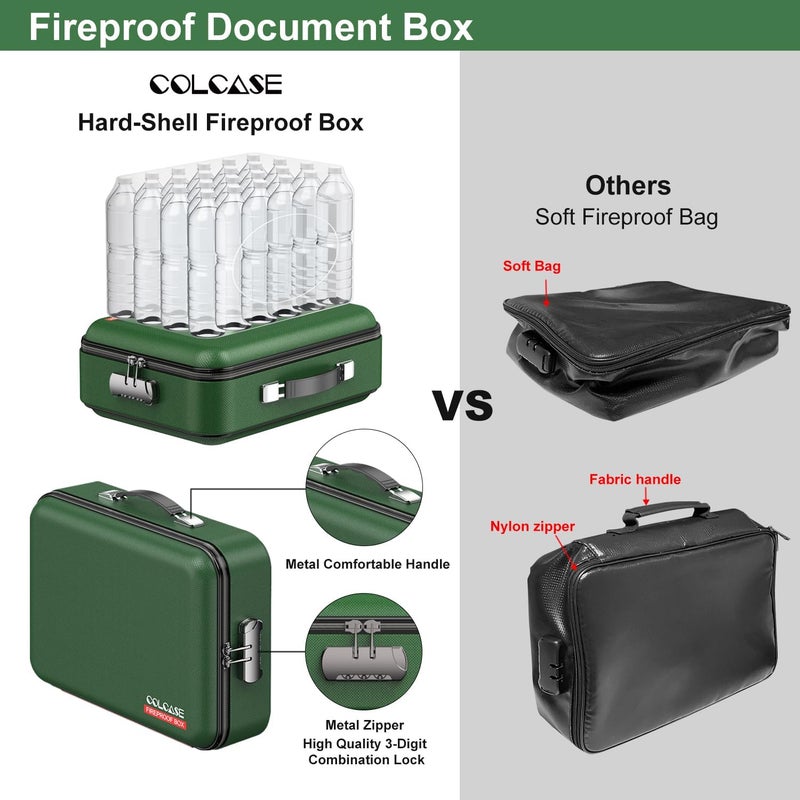 COLCASE Fireproof Document Folder, Hard Fireproof Waterproof Document Box with Lock Creative Hard-Shell Design Fireproof Document Box for Important Documents Certificates Laptop Passports Green - Image 3